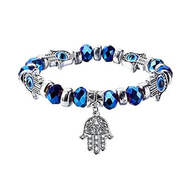 Imagem de Zeshimb Pulseira Hamsa de olho turco com contas de cristal Fátima pulseira de mão elástica lateral olho azul Hamsa pulseira turca olho turco joia para mulheres e homens, Cristal Resina