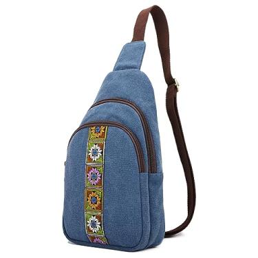 Imagem de SILKAREA Bolsa tiracolo de lona para mulheres, bolsa tiracolo pequena, mochila de viagem, caminhada, mochila para o peito, Azul marinho