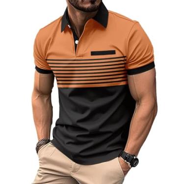 Imagem de Camisa polo masculina fashion color block casual manga curta listrada com absorção de umidade camisas de golfe tops, Laranja, P