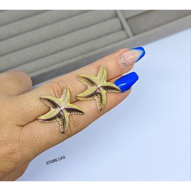Imagem de Brincos Feminino Estrela do Mar pequeno Folheado Ouro Dourado  Antiaérgico Par de Brinco Tendência Moda