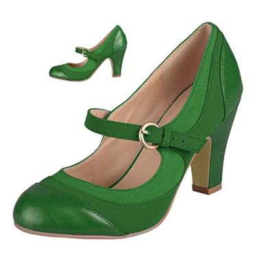 Imagem de SHODENSE Sapatos femininos de salto gatinho Mary Jane bico redondo fechado tira no tornozelo patchwork confortável 7,6 cm salto grosso Mary Jane salto boné dois tons fivela sapatos vestido feminino festa casamento vintage 4-11 M EUA, Patchwork verde, 8