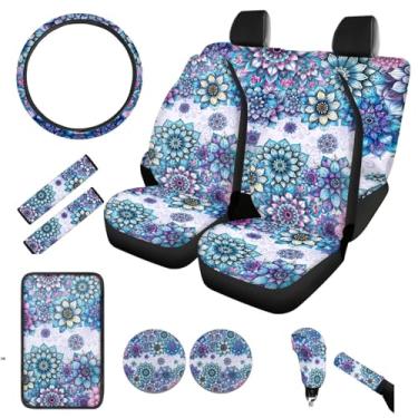 Imagem de BIGCARJOB Conjunto completo de capa de assento de carro de lótus roxo, 12 peças, capa de volante de lótus hippie, capa de freio de mão de carro, capa de câmbio de marchas para mulheres e meninas,
