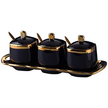 Imagem de Fvstar Açucareiro preto com tampa e colher, potes de condimentos de cerâmica, recipiente de especiarias com bandeja, tigelas de açúcar e sal, recipientes de condimento dourado, potes de tempero, caixa