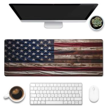 Imagem de Eflxamz Mouse pad grande para jogos, tapete de mesa de madeira com bandeira americana, almofada de mesa de madeira com bandeira dos EUA, teclado de computador grande com base antiderrapante e borda