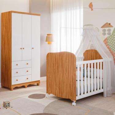 Imagem de Quarto Bebê Completo Berço Americano Uli Guarda Roupa 3 Portas 3 Gavetas Junior 100% Mdf Amendoa/branco