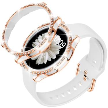 Imagem de DABAOZA Compatível com Samsung Galaxy Watch 4 5 de 44 mm com capa amortecedora de glitter, pulseira feminina de silicone branco macio e confortável ajustável com fivela para Galaxy Watch 4 5 (branco,