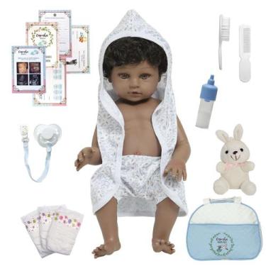Imagem de Boneco Reborn Negro Recém Nascido Roupão Coelhinho Completo - Cegonha 
