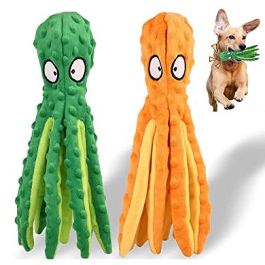 Imagem de Brinquedos de cachorro Squeaky, brinquedo de cachorro enrugado, brinquedos interativos para esconder e buscar, brinquedo de mastigar cachorro de pelúcia para dentição de filhotes, perfeito para filhotes, cães pequenos e médios, pacote com 2 (laranja + verde)