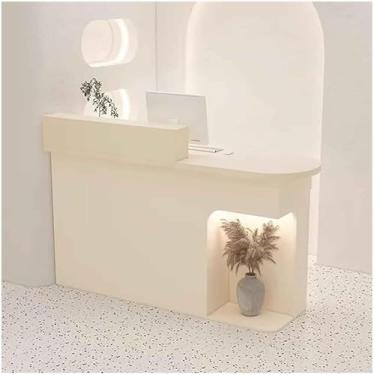 Imagem de Mesa de recepção de salão com balcão moderno pequeno caixa frontal com gavetas trancáveis e luz de LED balcão de recepção para salão de beleza e escritório, bege