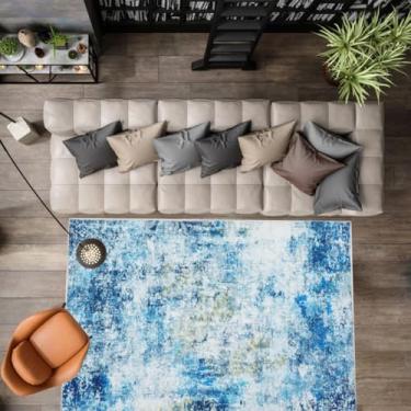 Imagem de CuisinAid Tapete de 2,2 m x 25,4 m, tapete de área abstrata antiderrapante, tapetes resistentes a manchas para sala de estar, quarto de crianças, tapete dobrável lavável à máquina azul-marinho