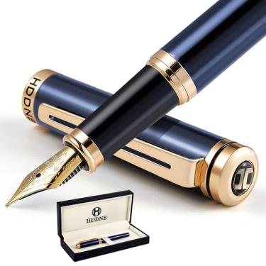Imagem de HDDNB Conjunto de caneta-tinteiro azul de luxo para homens e mulheres com caixa de presente, acabamento dourado 24K e ponta dourada (média) com 5 cartuchos de tinta preta e conversor