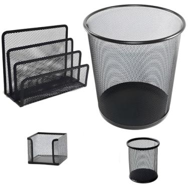Imagem de Kit Organizador De Escritório 4 Peças Lixeira Metal Aramado Telada Cesto Lixo 12 Litros Porta Lápis Cartas Coisa Para Home Office Empresa Trabalho Documento Organização Mesa Escrivaninha