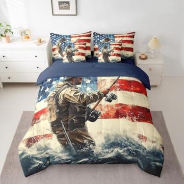 Imagem de Conjunto de edredom infantil de pesca com bandeira americana e robalo, 7 peças, solteiro (1 edredom, 2 fronhas, 2 fronhas, 1 lençol de cima, 1 lençol com elástico)