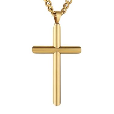 Imagem de HZMAN Colar de cruz grande masculino de aço inoxidável polido pesado grande pingente de cruz cristã joia presente 7 mm corrente cubana, Aço inoxidável, Sem Pedra Preciosa