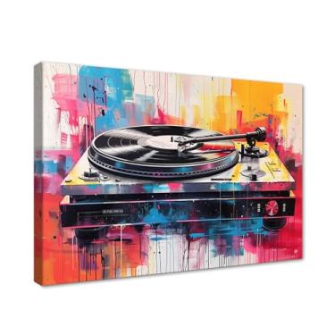 Imagem de Novatique Gravação de música retrô arte de parede disco de vinil decoração de parede leitor de áudio de música pintura em tela para sala de estar quarto escritório, 30 x 40 cm
