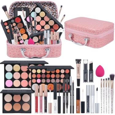 Imagem de Kit de maquiagem profissional, kit de maquiagem para meninas, conjunto de maquiagem para mulheres, paletas de sombras, cores para lábios, conjunto de pincéis de maquiagem, bolsa de maquiagem (rosa)