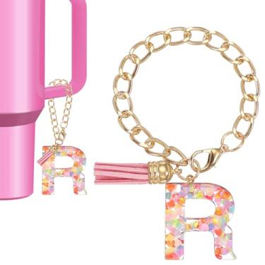 Imagem de PATIKIL Berloque de letras para copo Stanley, lindo pingente inicial R acessórios para chaveiro Stanley Tumbler Handle chaveiro personalizado para mulheres, rosa