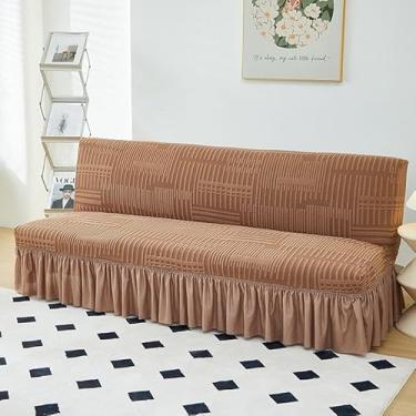 Imagem de Capa de futon sem braços com saia de babados, capa de sofá-cama futon altamente elástica, capa de sofá antiderrapante sem braços, tecido de veludo grosso, macio e aconchegante(Orange,Medium (160-190c