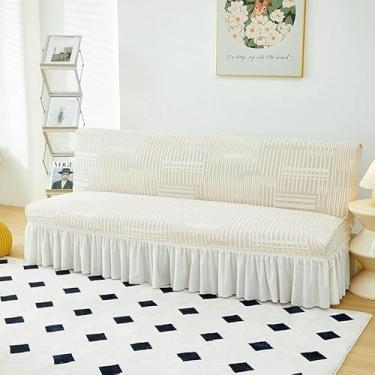 Imagem de Capa de futon sem braços com saia de babados, capa de sofá-cama futon altamente elástica, capa de sofá antiderrapante sem braços, tecido de veludo grosso, macio e aconchegante(Beige,Large (190-210cm))