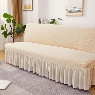 Imagem de Capa de futon sem braços com saia de babados, capa de sofá-cama futon altamente elástica, capa de sofá antiderrapante sem braços, tecido de veludo grosso, macio e aconchegante(Beige,Small (120-150cm))