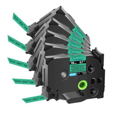 Imagem de POPOBUY Fita verde laminada TZ TZe de 18 mm 0,7 compatível com Brother P Touch TZ741 TZ-741 TZe-741 TZe741 para etiquetadora PTD410 PTD400 PTD610BT PTD600, pacote com 5, preto sobre verde