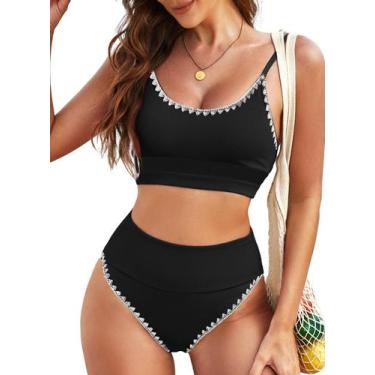 Imagem de Conjunto de biquíni feminino Herseas, de cintura alta, canelado, preto