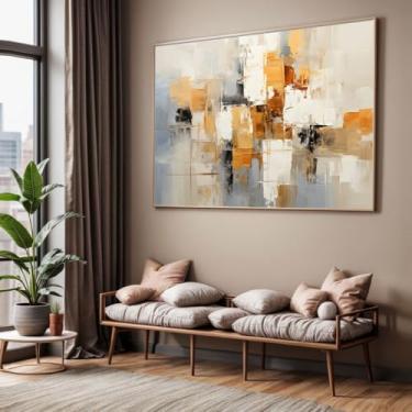Imagem de Quadro com Moldura Sala Quarto 90x60 Pintura Arte Abstrato Bege Branco Marrom Dourado Decorativo Horizontal Grande Hall