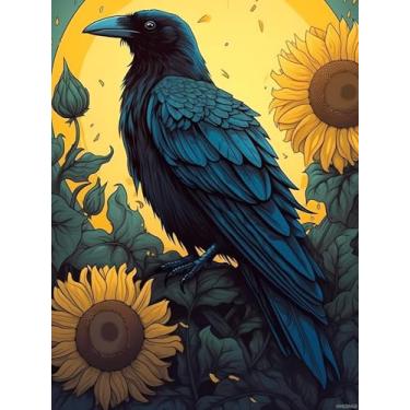 Imagem de HMDIIMGE Pintura de diamante de corvo faça você mesmo, a bela pintura de corvo por números para iniciantes, kits de arte de diamante redondo completo para decoração de quarto e decoração de sala de