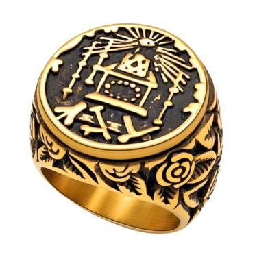 Imagem de Hoyazvet Anéis maçônicos para homens, aço inoxidável 316L/ouro 18 k/preto maçom sinete joia, joias punk motociclista enviar caixa de presente, Aço inoxidável, Sem pedra preciosa