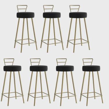 Imagem de Kit 07 Banqueta Alta Com Encosto Tina Eiffel Cozinha Bar Bistrô Ferro Dourado Corino Preto - Ahz Móveis