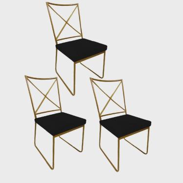 Imagem de Kit 03 Cadeiras Sala de Jantar Escritório Office Clark Industrial Ferro Dourado Corino Preto - Ahz Móveis
