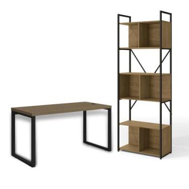 Imagem de Kit Estante Para Livros Madeira Industrial 6 Nichos Multiuso e Mesa de