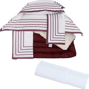 Imagem de Kit 6PCS Cobertor Edredom Sherpa Lã Carneiro Dupla Face 400 Fios (Vermelho Marsalla, Queen Size)