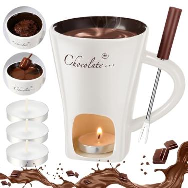 Imagem de Honeydak Caneca de fondue de chocolate com garfo e vela caneca pessoal de cerâmica doce para derretimento de chocolate caneca de fondue de chocolate presentes ideais para aniversário, data, noite