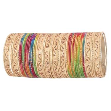 Imagem de Touchstone Coleção de pulseiras coloridas indianas de Bollywood com lantejoulas coloridas texturizadas ao toque, embelezador de pulso de designer Conjunto de 122 cm tom dourado antigo para mulheres, M