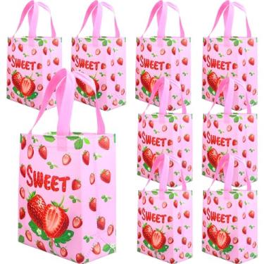 Imagem de Keioy 16 peças de sacos de lembrancinha de festa de morango com alças reutilizáveis não tecidas sacos de guloseimas de morango rosa sacos de presente para chá de bebê, festa de aniversário, decoração