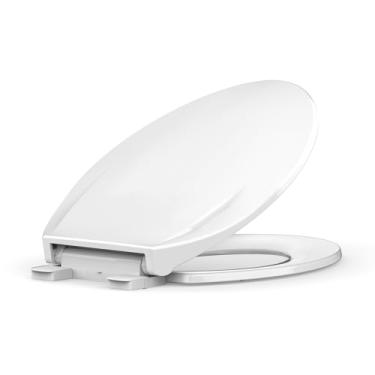 Imagem de Assento sanitário alongado, assento de vaso sanitário de fechamento macio, tampa de vaso sanitário branca, fechamento suave, silencioso, fácil instalação e liberação, material PP seguro fácil de