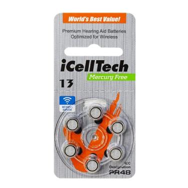 Imagem de iCellTech baterias sem mercúrio para aparelho auditivo tamanho 13 (60 baterias)