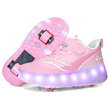 Imagem de GIMKOUNN Tênis feminino com 2 rodas recarregável por USB, patins para iniciantes com 16 modos de luz de LED, para crianças, meninos, calçados estilosos unissex, 03 rosa, 12.5 Little Kid