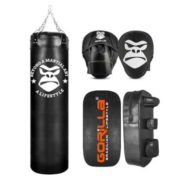 Imagem de Kit Luta Completo Aparador Chute + Manopla Foco Soco + Saco Pancada Boxe Muay Thai 120 Cm Gorilla