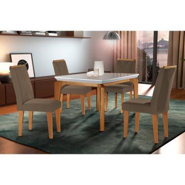 Imagem de Conjunto: Mesa de Cozinha Londrina c/ Tampo Madeirado c/ Vidro Canto Reto 120x80cm e 4 cadeiras Amsterdã Imbuia/Off White - Suede Capuccino - Rufato