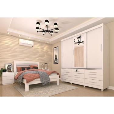 Imagem de Quarto Completo Roupeiro 3 Portas, Cama Casal E Mesa De Cabeceira 3 Gavetas Chicago Tcil Móveis Neve/Neve