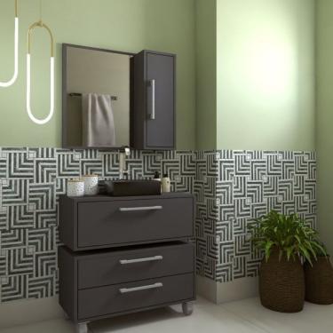 Imagem de Gabinete Para Banheiro Suspenso 80cm Alice Com Balcão 2 Gavetas E Espelheira Sem Cuba Grafite