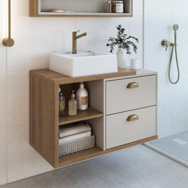 Imagem de Gabinete De Banheiro Suspenso 80cm Helena Com 2 Gavetas E Cuba Mel/arenas