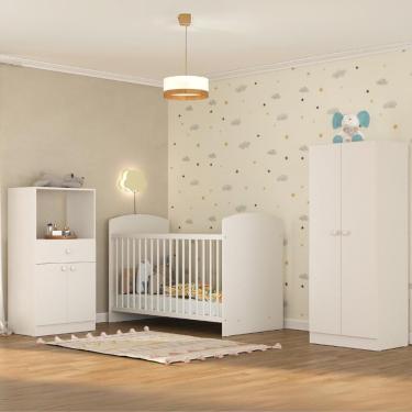 Imagem de Quarto Infantil Completo Mp4359 Kit Berço com Colchão Guarda-Roupa e Cômoda em MDP 133cm Branco Multimóveis