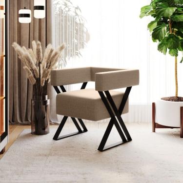 Imagem de Poltrona Decorativa Linha Alta Frida Estilo Industrial Linho Bege