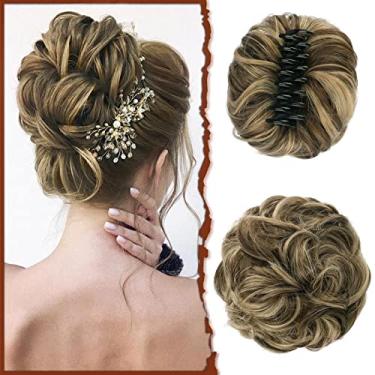 Imagem de SOFEIYAN Aplique De Cabelo Bagunçado Com Presilha Garra Sofeiyan, Coque Ondulado, Cacheado, Rabo Cavalo, Apliques, Extensões Sintéticas Despenteadas, Scrunchie Para Mulheres, Morena Mista, Loiro Aci