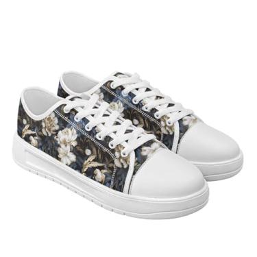 Imagem de GOSTONG Tênis feminino de lona com cadarço, cano baixo, antiderrapante, sola grossa, aumento de altura, casual, trabalho, branco, tamanho 36-44, Flores retrô, 43