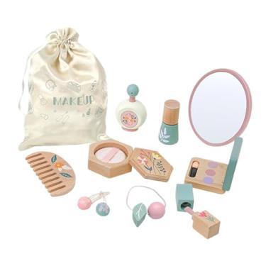 Imagem de Esquirla Conjunto de maquiagem de brinquedo de madeira, espelho com bolsa de cosméticos, kit de maquiagem de princesa para crianças, brincadeira de faz de