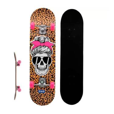 Imagem de Skate Infantil Feminino, 73 cm, Estampa de Oncinha com Caveira, Laranja e Preto